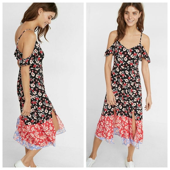 Express Black Red Floral Cold Shoulder Midi Dress - Picture 1 of 5